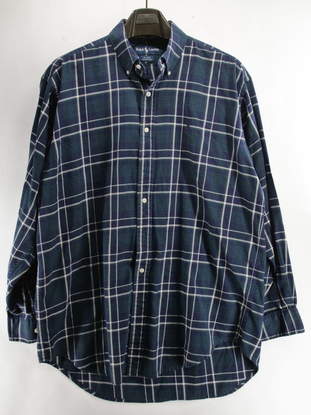 Polo Ralph Lauren Blaire Mens Large Button Up Dark Blue Green Plaid 100% Cotton